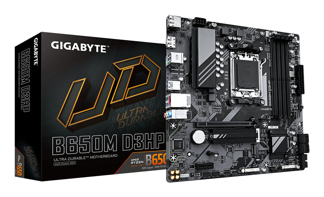 GIGABYTE B650M D3HP Motherboard - AMD Ryzen 9000 Series CPUs, 5+2+2 Phases VRM, up to 7600MHz DDR5 (OC), 2xPCIe 4.0 M.2, 2.5GbE LAN, USB 3.2 Gen 1 MOTHERBOARD DDR5 M.2 7600 MHz