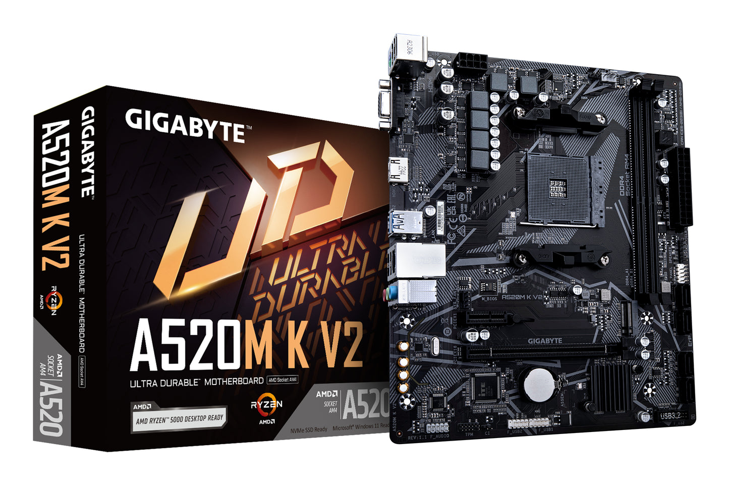 GIGABYTE A520M K V2 Motherboard - Supports AMD Ryzen 5000 Series AM4 CPUs, up to 5100MHz DDR4 (OC), PCIe Gen3 x4 M.2, GbE LAN, USB 3.2 Gen 1 MOTHERBOARD AM4 DDR4 M.2 5100 MHz