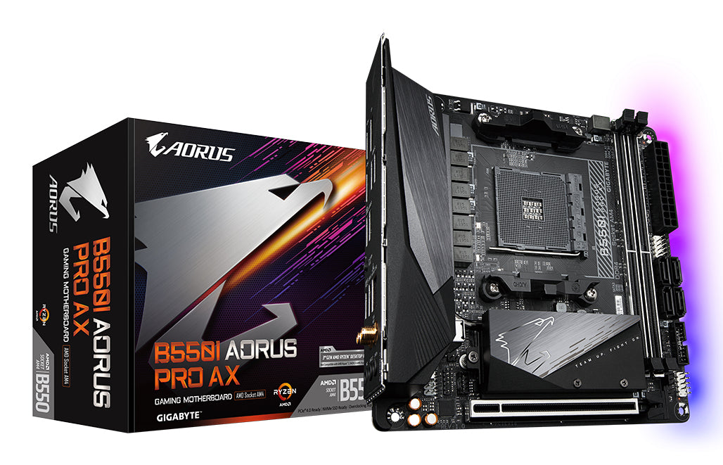 GIGABYTE B550I AORUS PRO AX Motherboard - AMD Ryzen 5000 CPUs, 8 Phases VRM, up to 5300MHz DDR4, 1xPCIe 4.0 + 1xPCIe 3.0 M.2, Wi-Fi 6E, 2.5GbE LAN, USB 3.2 Gen 2 MOTHERBOARD DDR4 M.2 5300 MHz