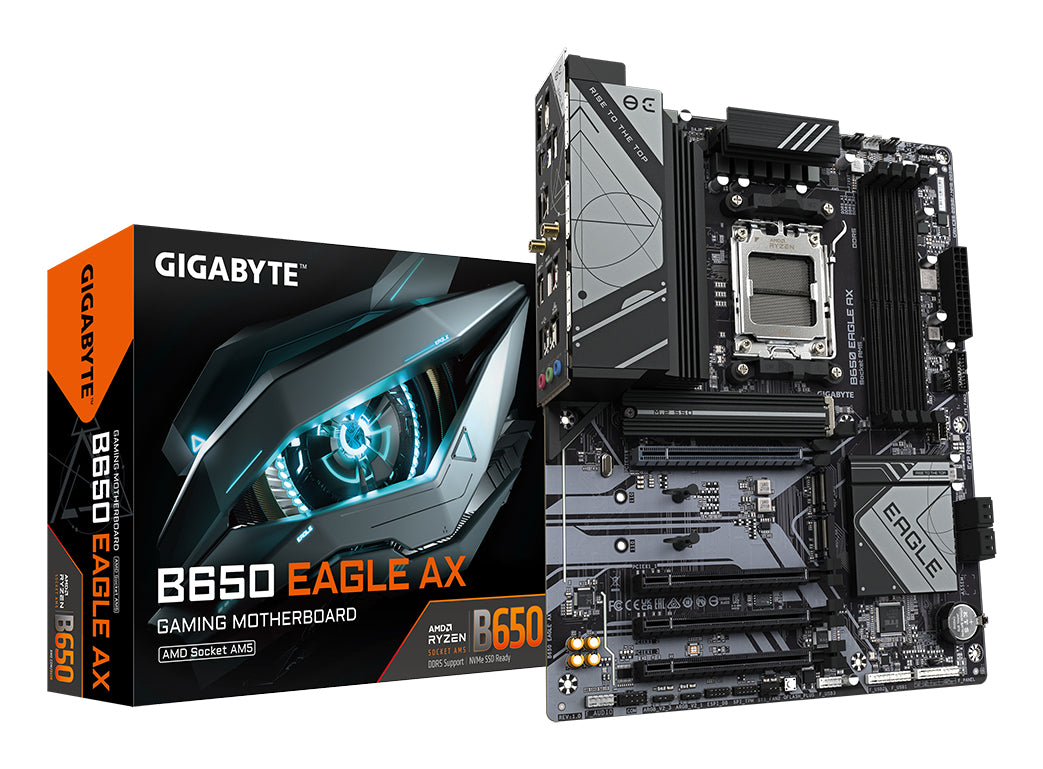 GIGABYTE B650 EAGLE AX Motherboard - AMD Ryzen 9000 Series CPUs, 12+2+2 Phases VRM, up to 7600MHz DDR5 (OC), 1xPCIe 5.0 + 2xPCIe 4.0 M.2, GbE LAN, WIFI 6E, USB 3.2 Gen 2 MOTHERBOARD B650 DDR5 M.2 7600 MHz