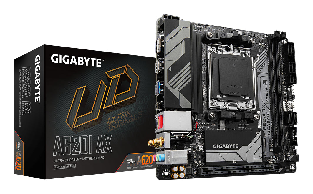 GIGABYTE A620I AX Motherboard - Supports AMD Ryzen 8000 CPUs, 5+2+1 Phases Digital VRM, up to 6400MHz DDR5 (OC), 1xPCIe 4.0 M.2, Wi-Fi 6E, 2.5GbE LAN, USB 3.2 Gen 2 MOTHERBOARD DDR5 M.2 6400 MHz