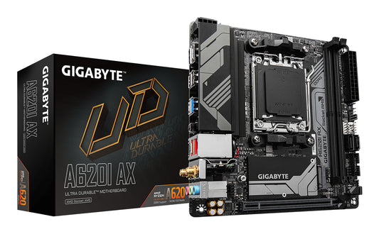 GIGABYTE A620I AX Motherboard - Supports AMD Ryzen 8000 CPUs, 5+2+1 Phases Digital VRM, up to 6400MHz DDR5 (OC), 1xPCIe 4.0 M.2, Wi-Fi 6E, 2.5GbE LAN, USB 3.2 Gen 2 MOTHERBOARD DDR5 M.2 6400 MHz