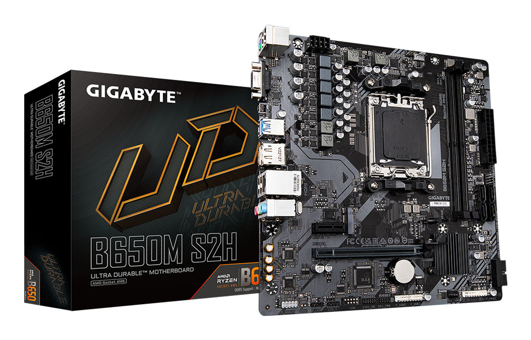 GIGABYTE B650M S2H Motherboard - AMD Ryzen 9000 Series CPUs, 5+2+2 Phases VRM, up to 6400MHz DDR5 (OC), 1xPCIe 4.0 M.2, GbE LAN, USB 3.2 Gen 1 MOTHERBOARD DDR5 M.2 6400 MHz