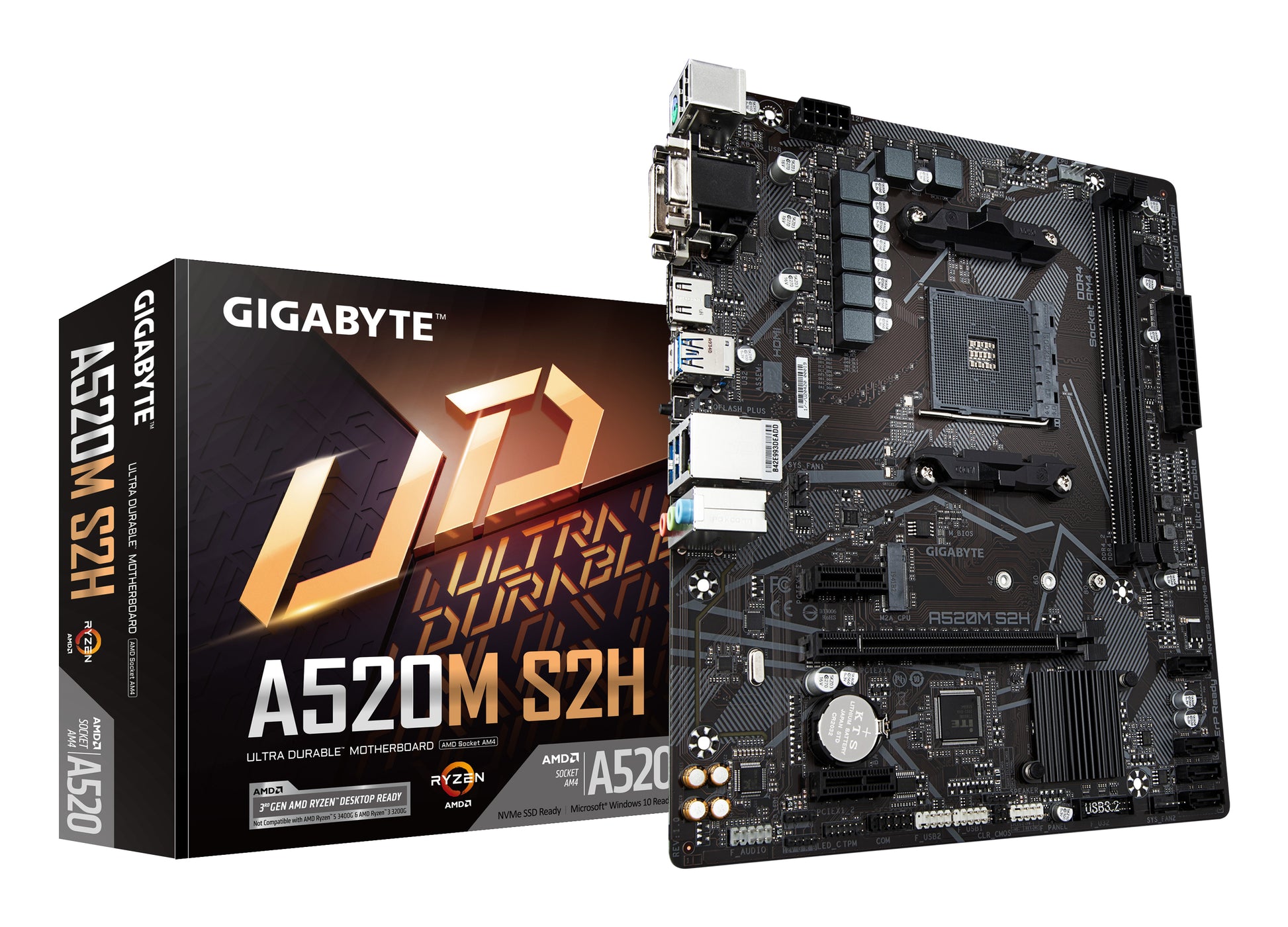 GIGABYTE A520M S2H Motherboard - Supports AMD Ryzen 5000 Series AM4 CPUs, 4+3 Phases Pure Digital VRM, up to 5100MHz DDR4 (OC), PCIe 3.0 x4 M.2, GbE LAN, USB 3.2 Gen 1 MOTHERBOARD AM4 DDR4 M.2 5100 MHz