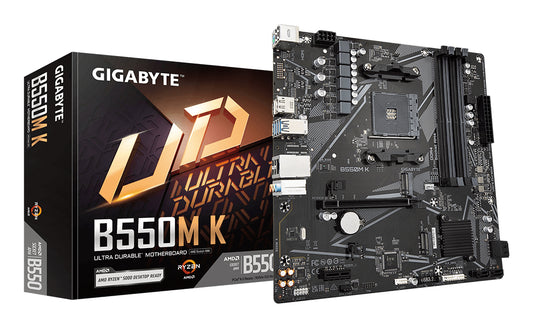 GIGABYTE B550M K Motherboard - AMD Ryzen 5000 CPUs, up to 4733MHz DDR4, 1xPCIe 4.0 + 1xPCIe 3.0 M.2, 1GbE LAN, USB 3.2 Gen 1 MOTHERBOARD DDR4 M.2 4733 MHz