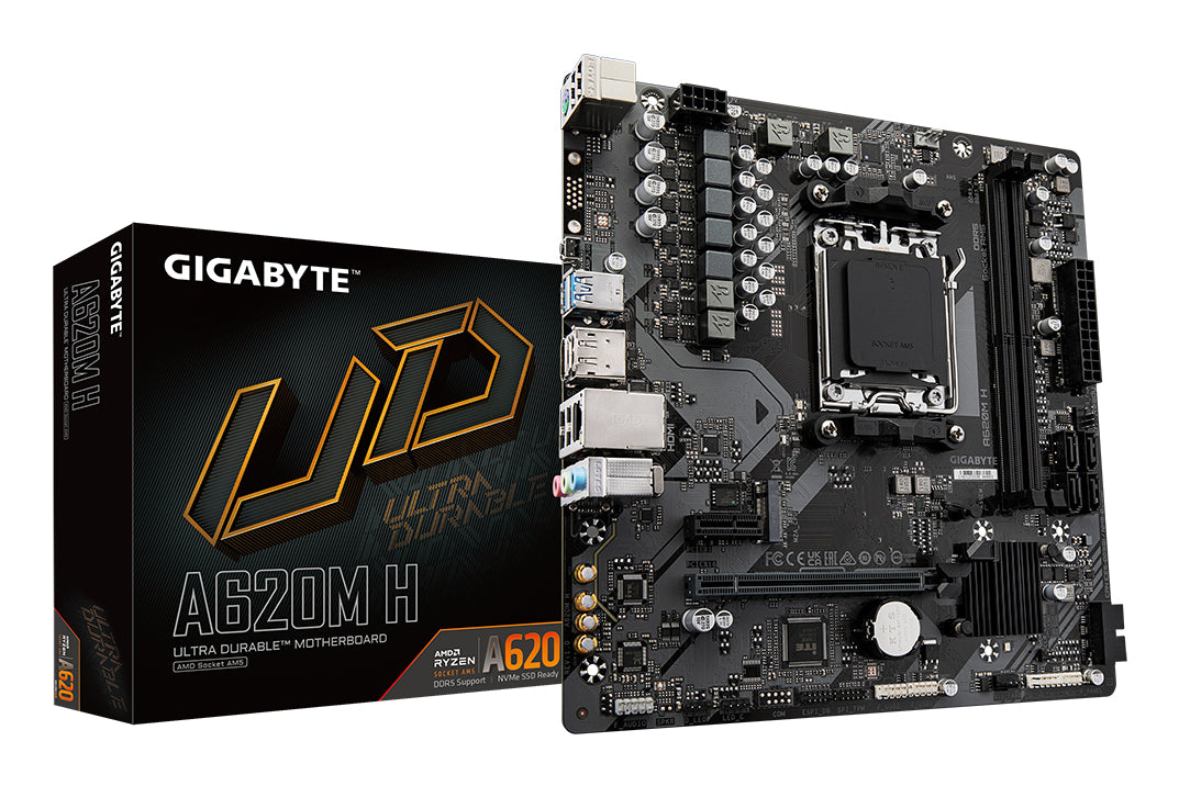 GIGABYTE A620M H Motherboard - Supports AMD Ryzen 8000 CPUs, 5+2+2 Phases Digital VRM, up to 7200MHz DDR5 (OC), 1xPCIe 4.0 M.2, GbE LAN, USB 3.2 Gen 1 MOTHERBOARD DDR5 M.2 7200 MHz