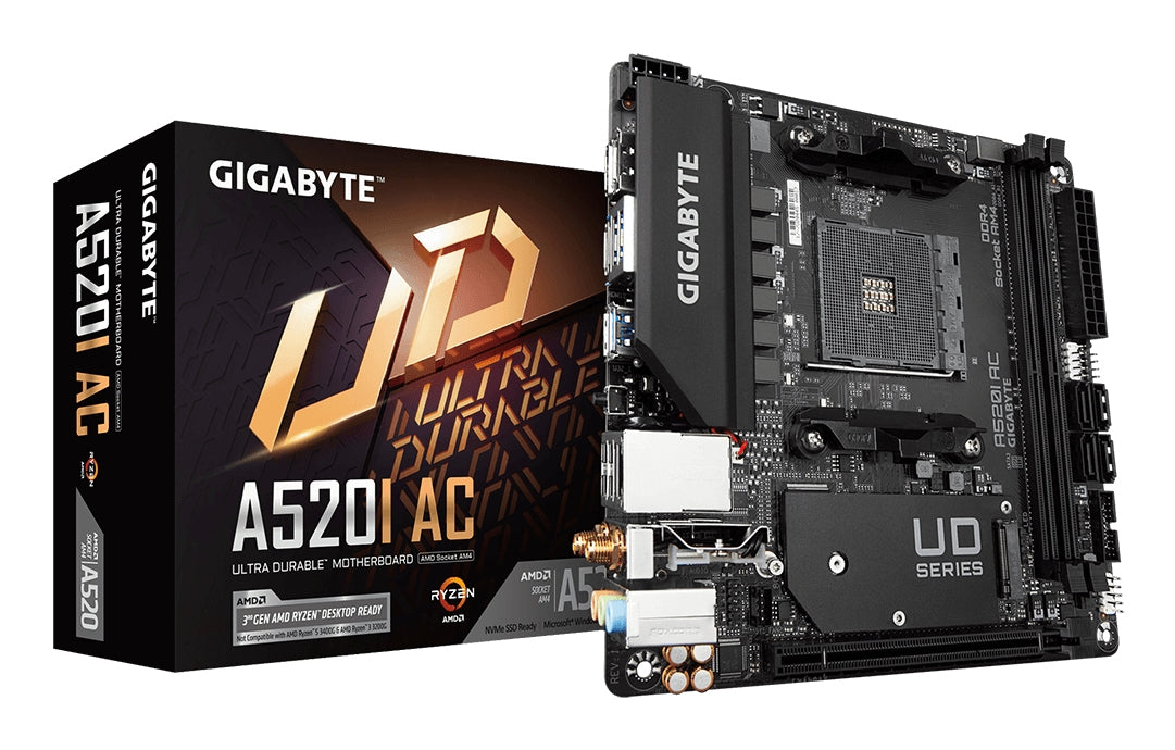 GIGABYTE A520I AC Motherboard - Supports AMD Ryzen 5000 Series AM4 CPUs, 6 Phases Digital VRM, up to 5300MHz DDR4 (OC), 1xPCIe 3.0 M.2, WIFI, GbE LAN, USB 3.2 Gen1 MOTHERBOARD AM4 DDR4 M.2 5300 MHz