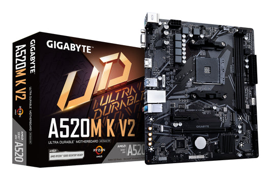 GIGABYTE A520M K V2 Motherboard - Supports AMD Ryzen 5000 Series AM4 CPUs, up to 5100MHz DDR4 (OC), PCIe Gen3 x4 M.2, GbE LAN, USB 3.2 Gen 1 MOTHERBOARD AM4 DDR4 M.2 5100 MHz